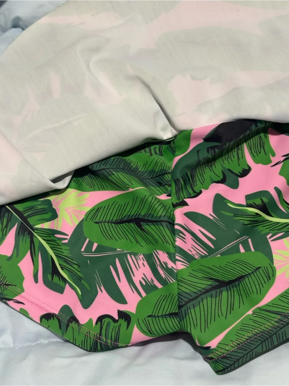 Kids Pink Tropical Swim Skort with Green Leaf Print